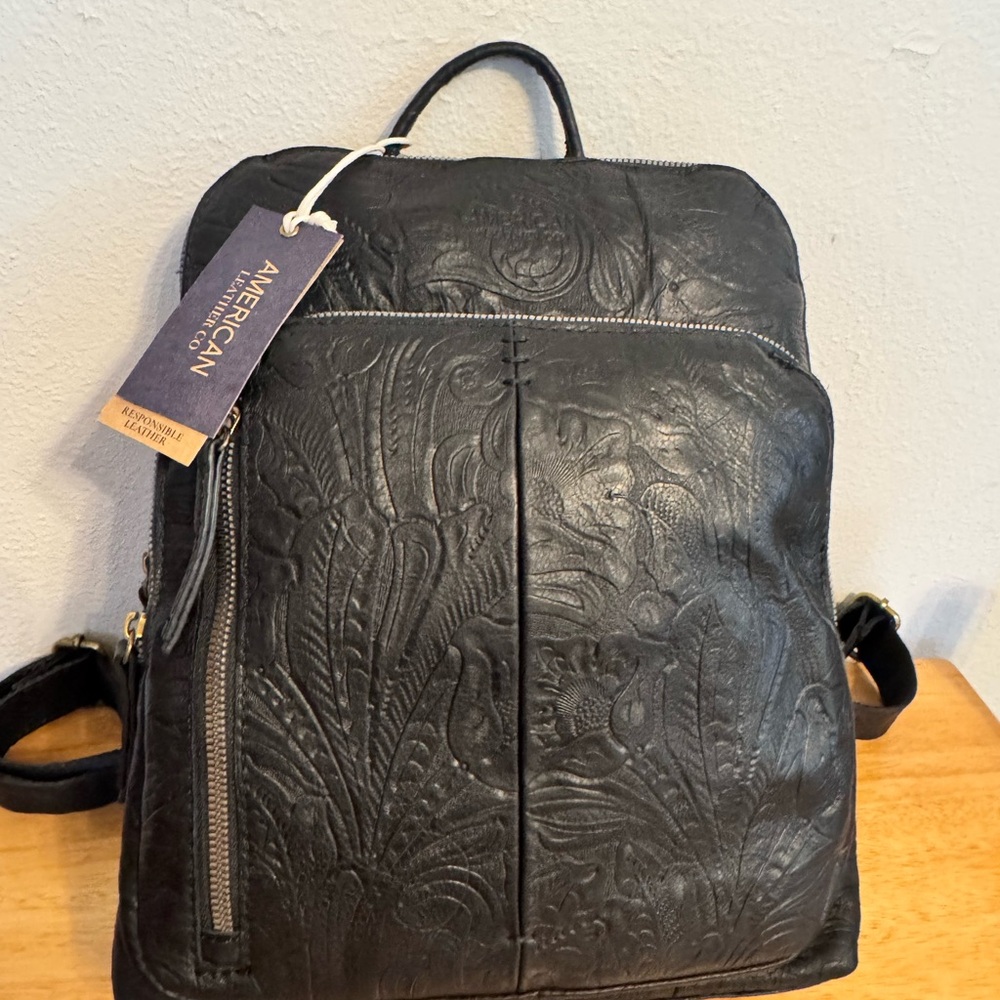 NWT American Leather Co Black Leather tooled Backpack
